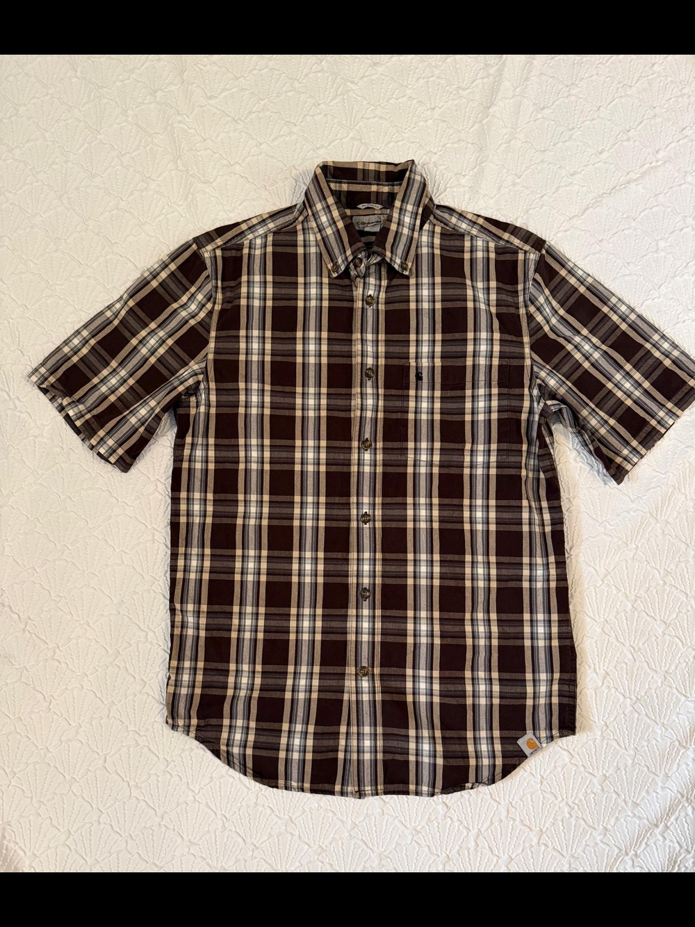 Carhartt Men’s Brown Plaid Short-Sleeve Button-Down Shirt - Cream & Tan Accents